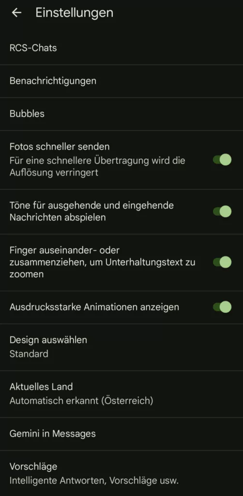 Hier sind die Einstellungen der "Messages" App. Ganz oben findest du den Menüpunkt RCS-Chat