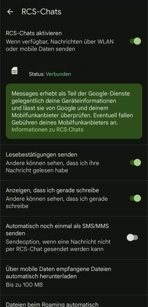 RCS-Chats sind nun aktiviert, hier kannst du noch weitere Einstellungen vornehmen, aber ansonsten ist nun alles erledigt.
